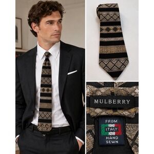 Mulberry Italy Silk Tie Black‎ Gold Silver Geometric Striped Hand Sewn 2569